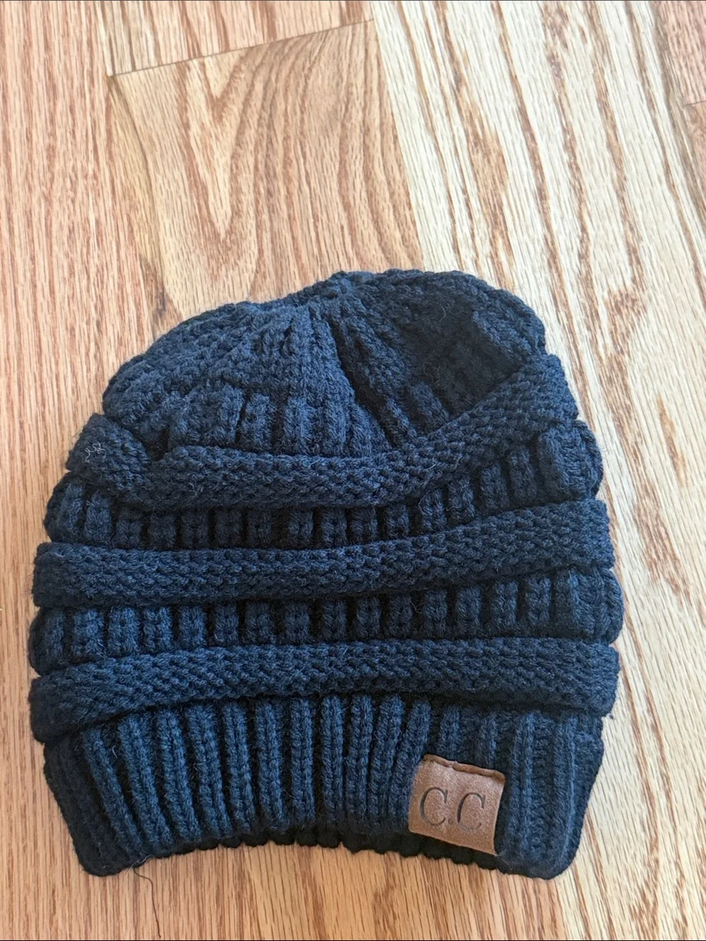 CC  black  Ribbed Knit Beanie with hole for ponytail
